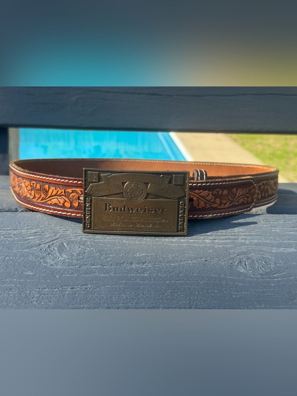 Budweiser Brass Plaque w/Antique Bronze Finish&Hand Painted Belt Steer Hide Belt